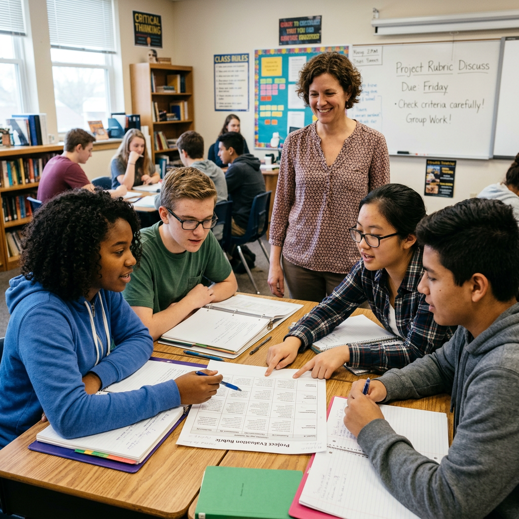 Four high school students sitting at a table discussing a project rubric with notebooks and papers, while a teacher stands nearby.
